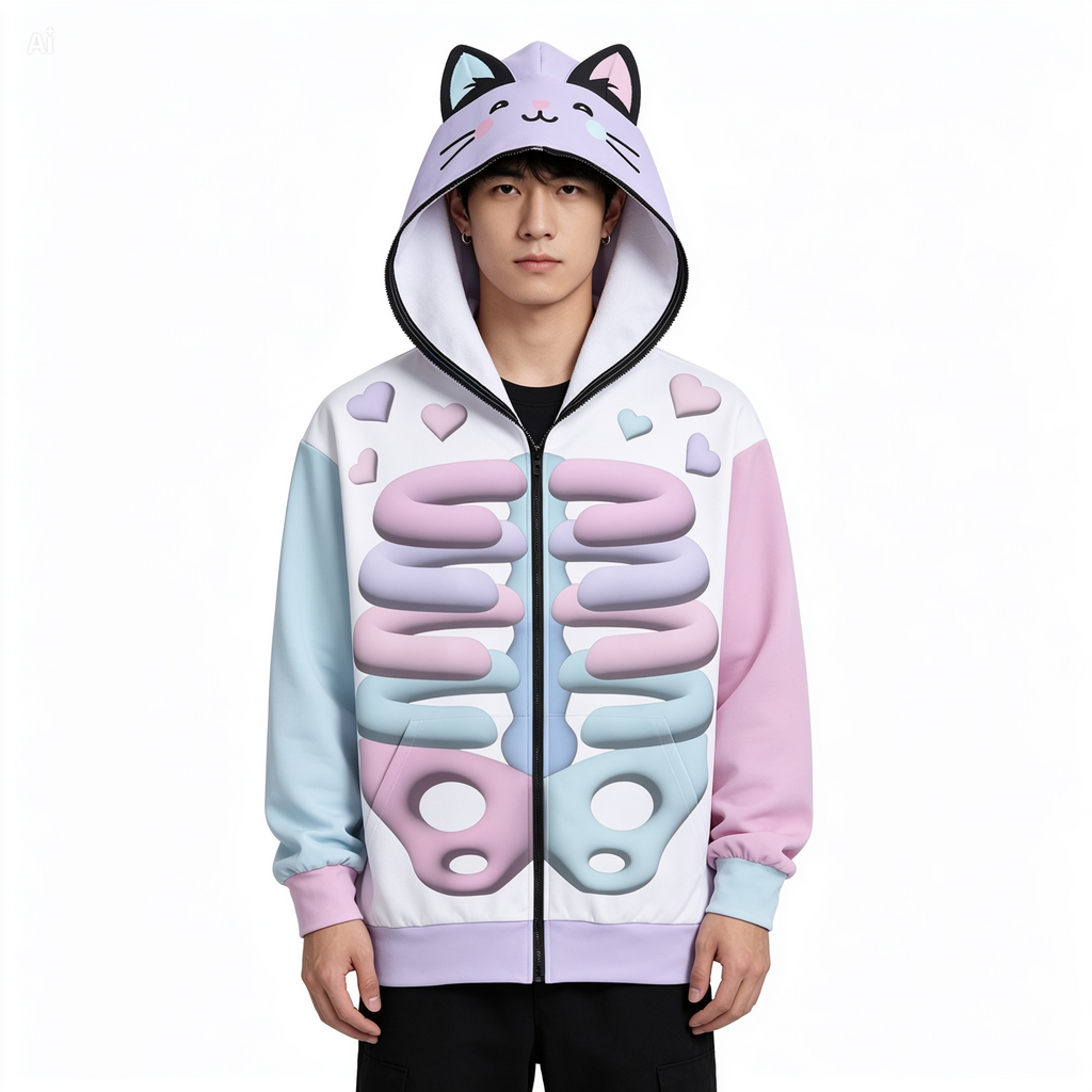 Kawaii Heaven Unisex Zip Up Hoodie with Cat Ears Pastel Skeleton Print