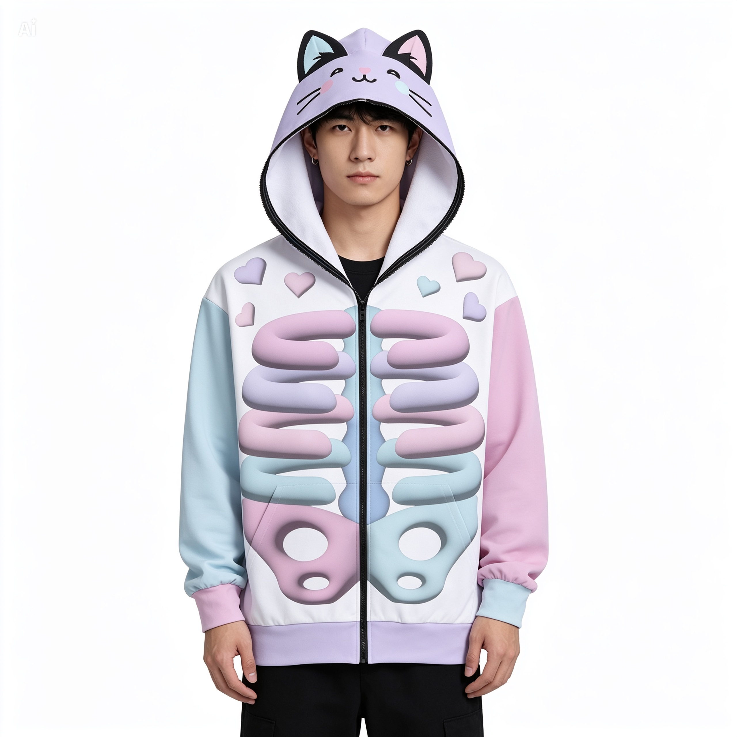 Kawaii Heaven Unisex Zip Up Hoodie with Cat Ears Pastel Skeleton Print