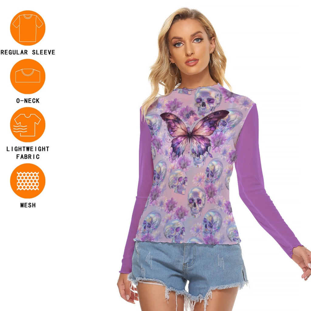 Purple Butterfly Skull Mesh Top – Gothic Fairycore Long Sleeve Shirt