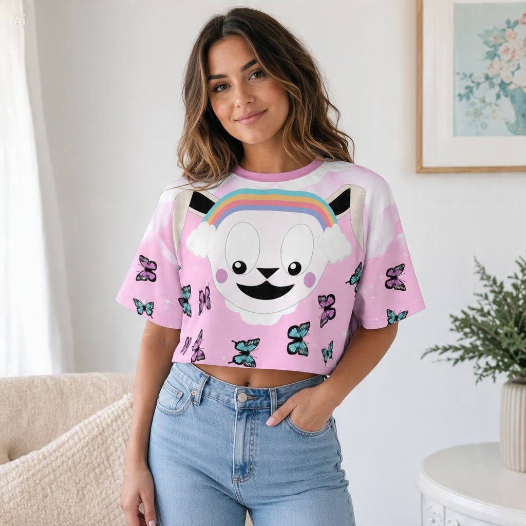 Pastel Rainbow Bunny Butterfly Crop Top | 190GSM Cotton