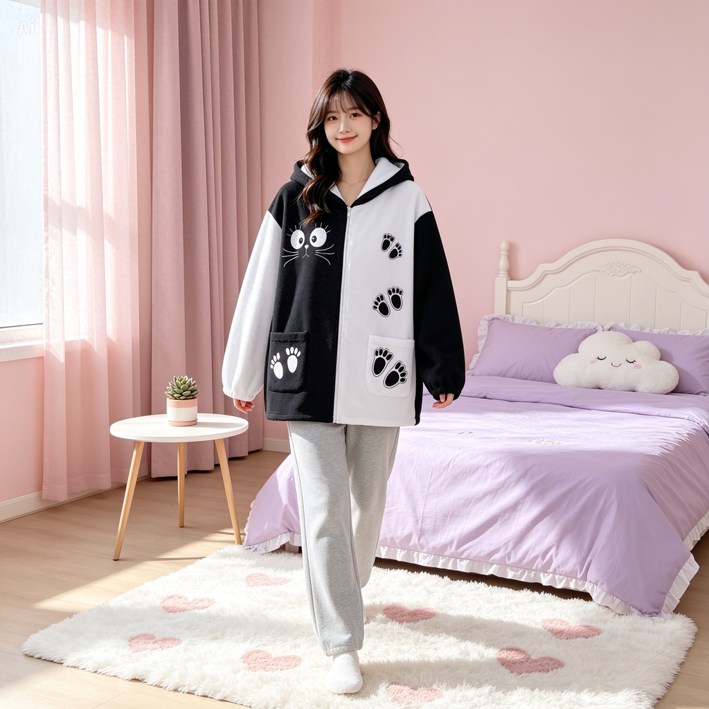 Kawaii Cat Bunny Ear Hoodie – Black and White Fleece Zip Up Jacket