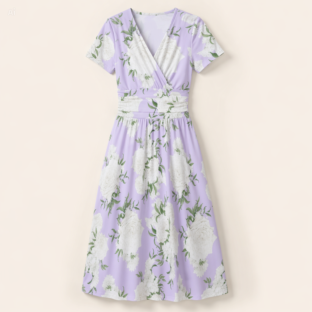 Lavender Floral V-Neck Midi Dress