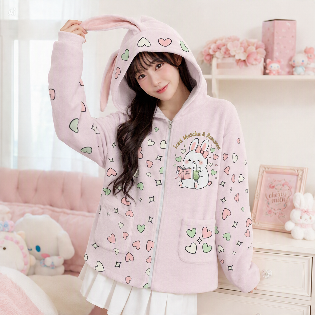 Iced Matcha Bunny Plush Pajama Hoodie