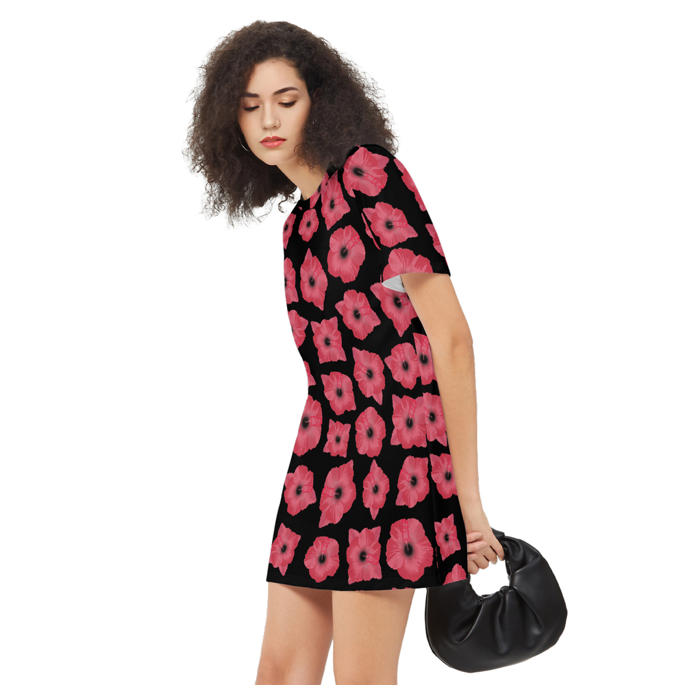 Red & Black Poppy Pattern Women's Short-Sleeve T-Shirt Dress – Heavyweight 225g