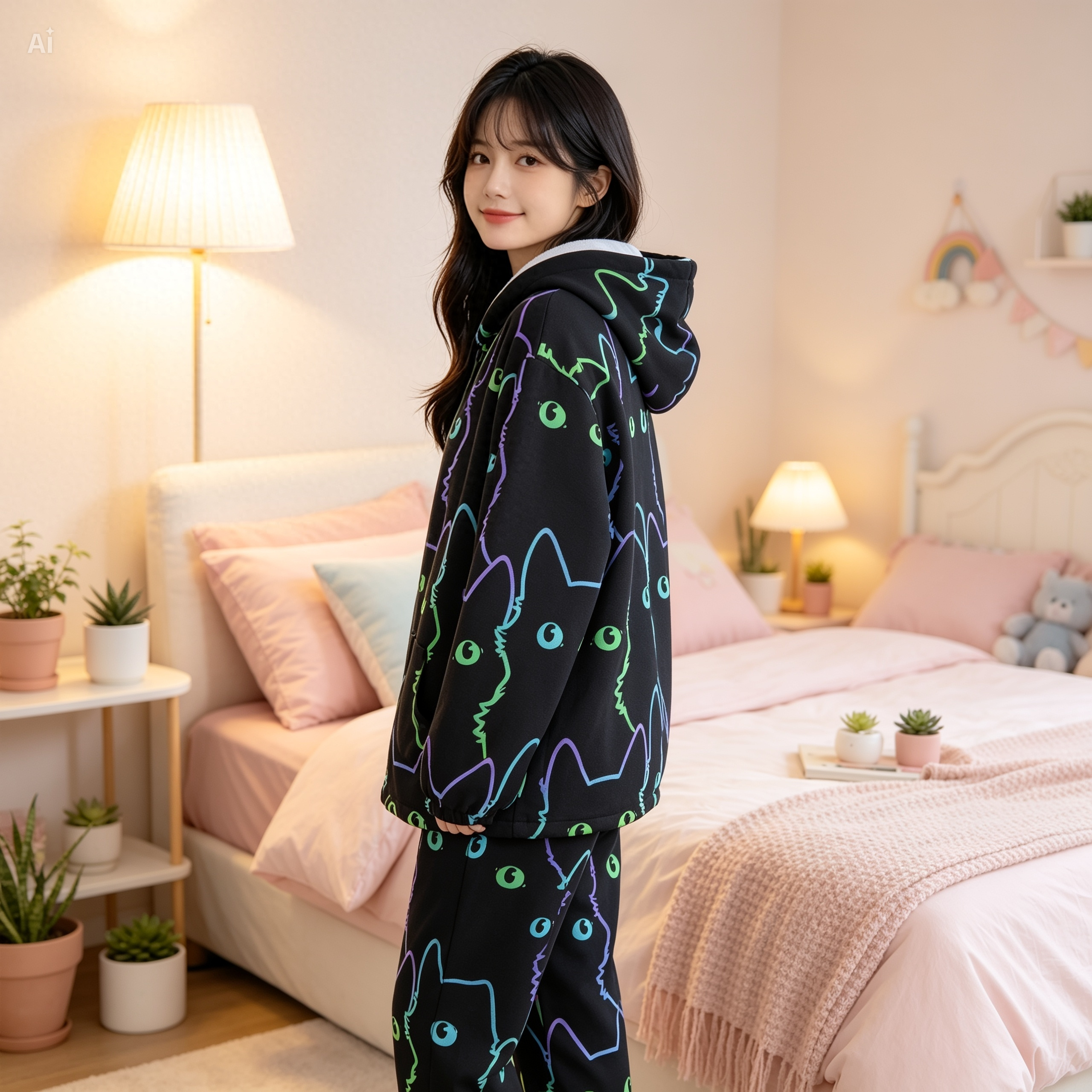 Neon Cat Bunny Ear Hoodie | Black Kawaii Fleece Jacket