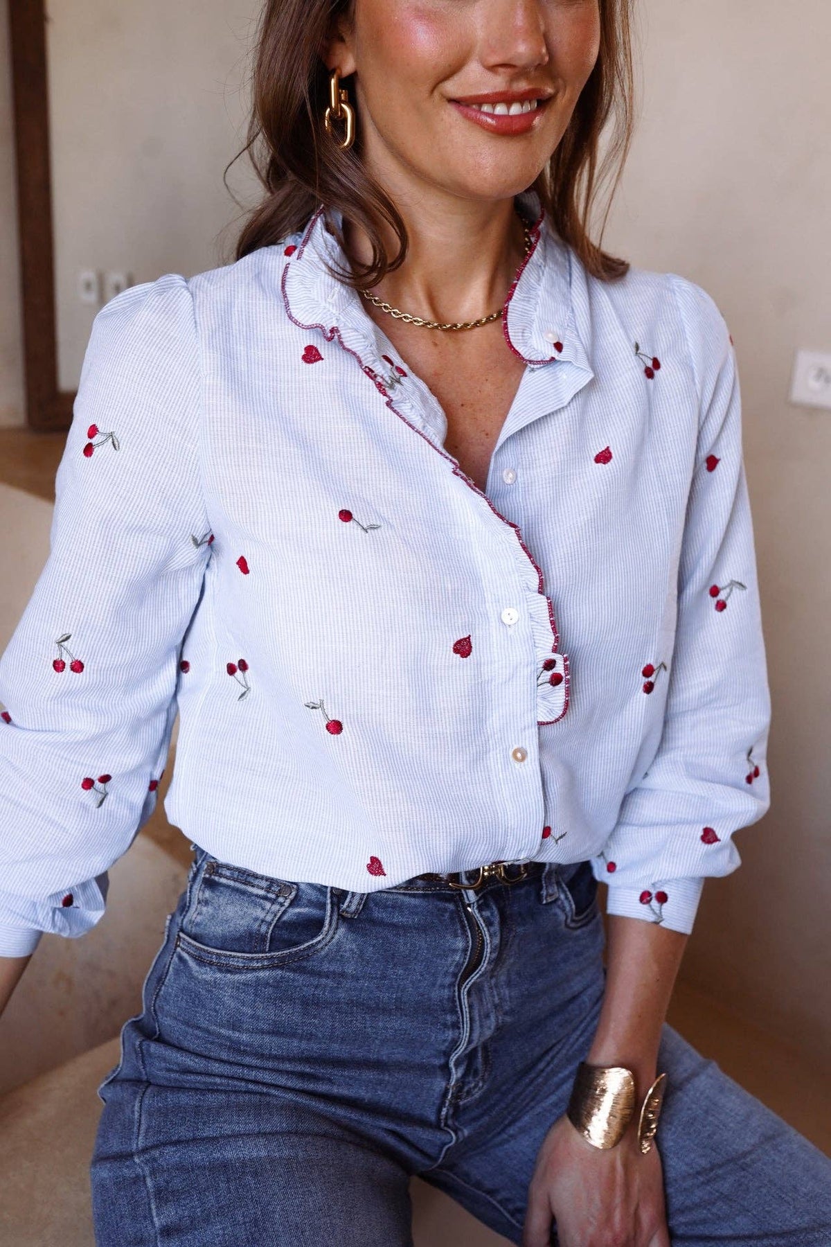 Kalyne Cherry Embroidered Blouse | Blue Striped Ruffle Shirt