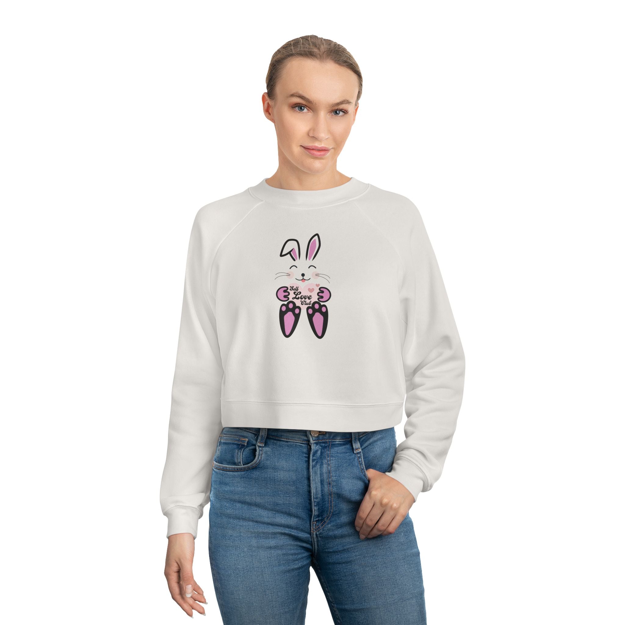 Kawaii Rabbit Face Fleece Pullover, Self Love Club Top, Cute Cropped Sweatshirt, Women's Fashion Jumper, Trendy Hoodie for Her