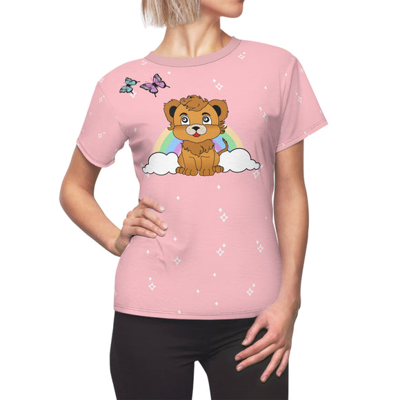 Cute Lion with Butterflies and Rainbow Pink Tee, Women's Graphic Tshirt, Animal Lover Gift, Colorful Nature Shirt, Wildlife Clothing, Summer