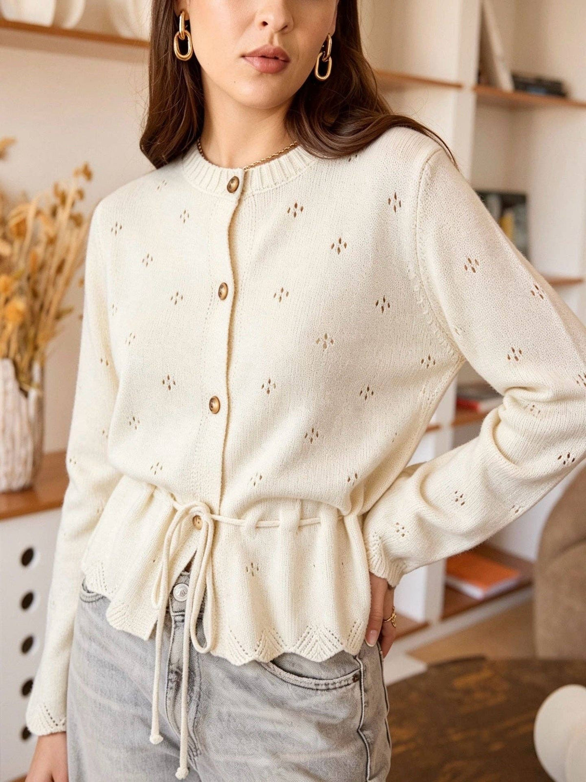 Elio Openwork Knit Cardigan | Tie Waist Cropped Cardigan