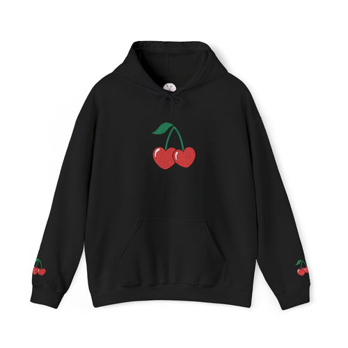 Cherry Heart Embroidered Hoodie — Heart Cherry Graphic Hooded Sweatshirt