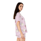 Kawaii Sleeping Bears with Cherries Pink Women's Short Pajama Set