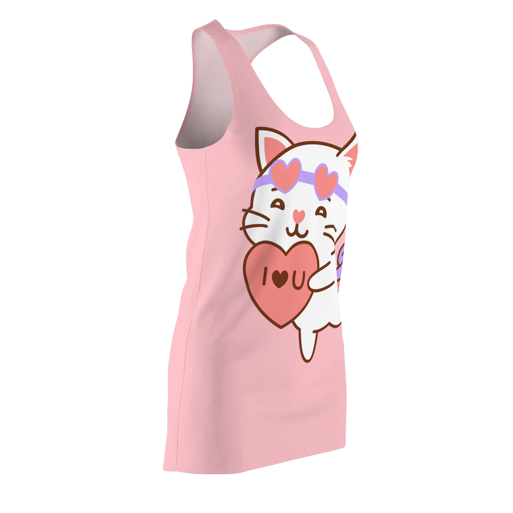 Kawaii Cat with Heart Dress, Cute Cat Racerback Dress, Cat Lover Gift, Women's Dress, Sleeveless Dress
