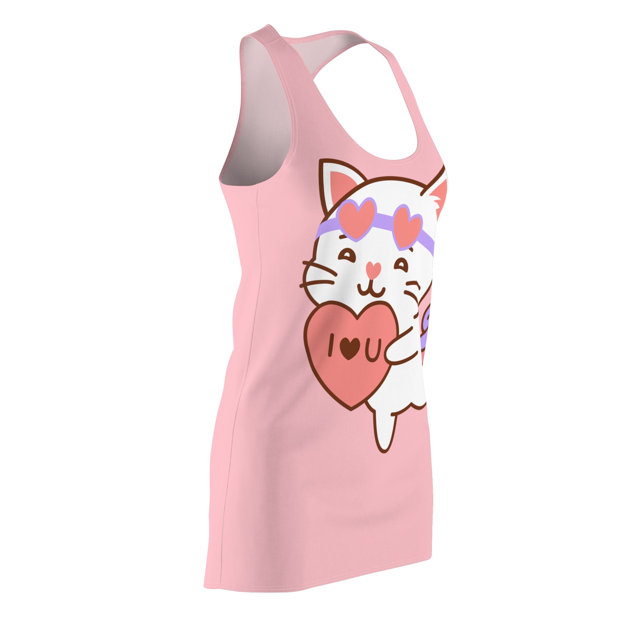 Kawaii Cat with Heart Dress, Cute Cat Racerback Dress, Cat Lover Gift, Women's Dress, Sleeveless Dress