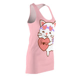 Kawaii Cat with Heart Dress, Cute Cat Racerback Dress, Cat Lover Gift, Women's Dress, Sleeveless Dress