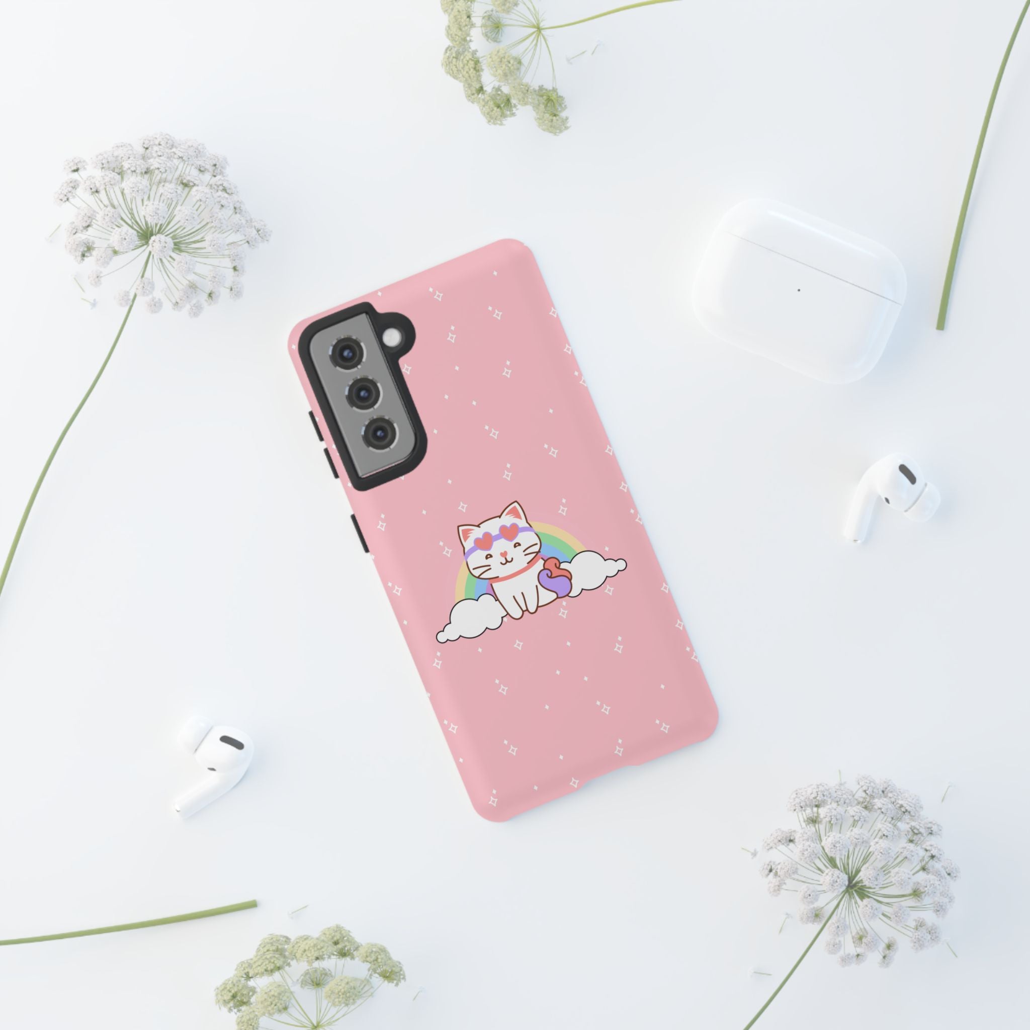 Kawaii Cat Rainbow Tough Cases, Cute Kitty Phone Cover, Protective Phone Case, Adorable Cat Lover Gift, Fun Rainbow Cat Phone Accessories