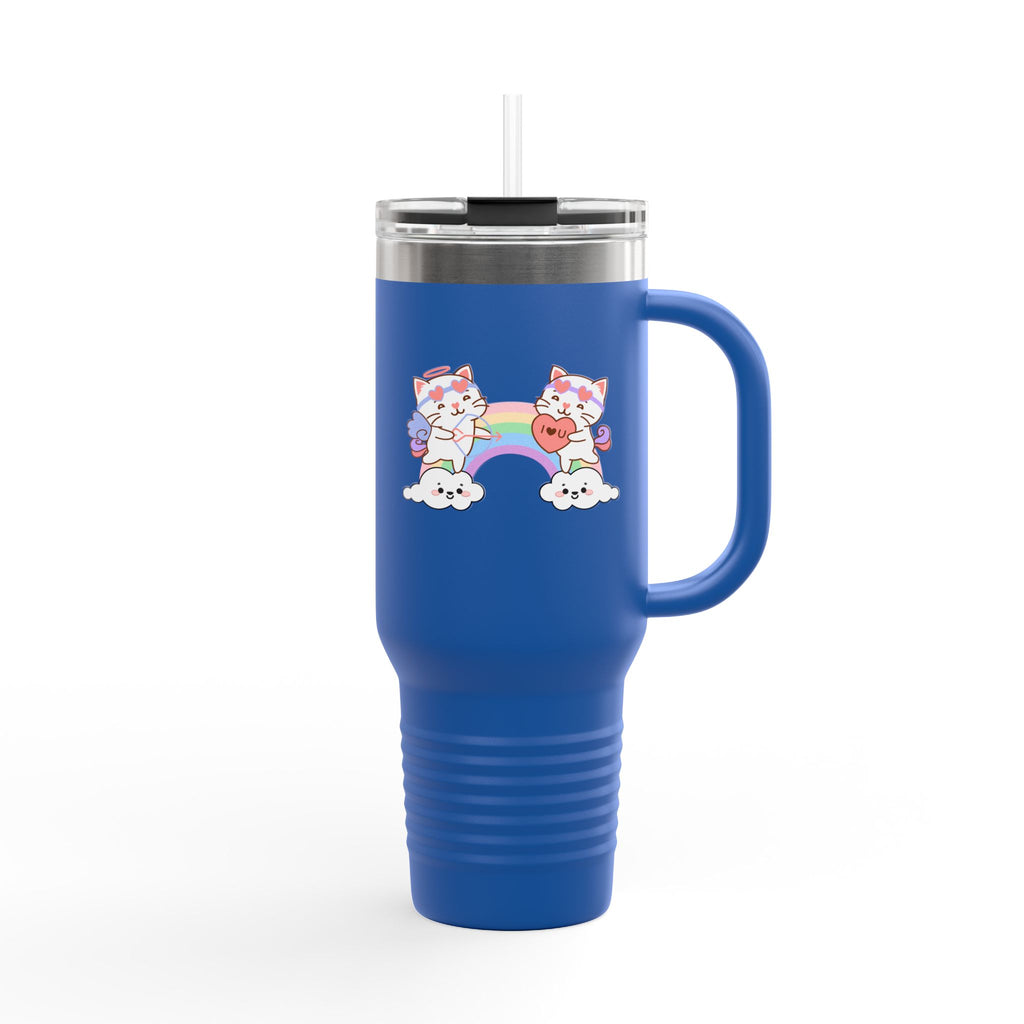 Cupido Cat Rainbow Heart Love Insulated Travel Mug, 40oz - Cute Kitty Space Cup, Valentine's Gift, Coffee Tea Tumbler, Cat Lover Present
