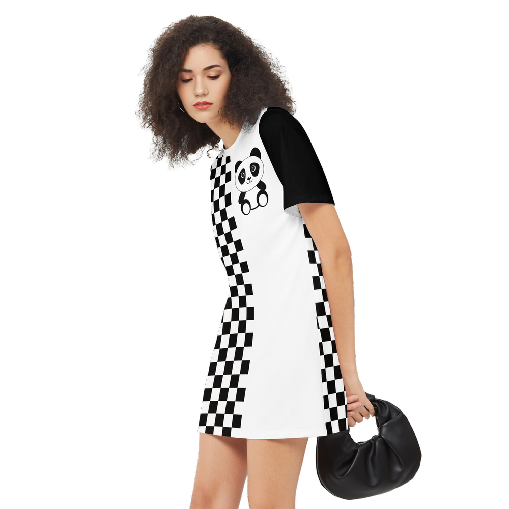 Chessboard Kawaii Panda Women's Short-Sleeve T-Shirt Dress-Heavyweight 225g