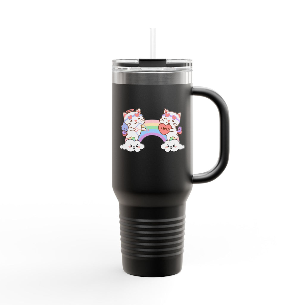 Cupido Cat Rainbow Heart Love Insulated Travel Mug, 40oz - Cute Kitty Space Cup, Valentine's Gift, Coffee Tea Tumbler, Cat Lover Present