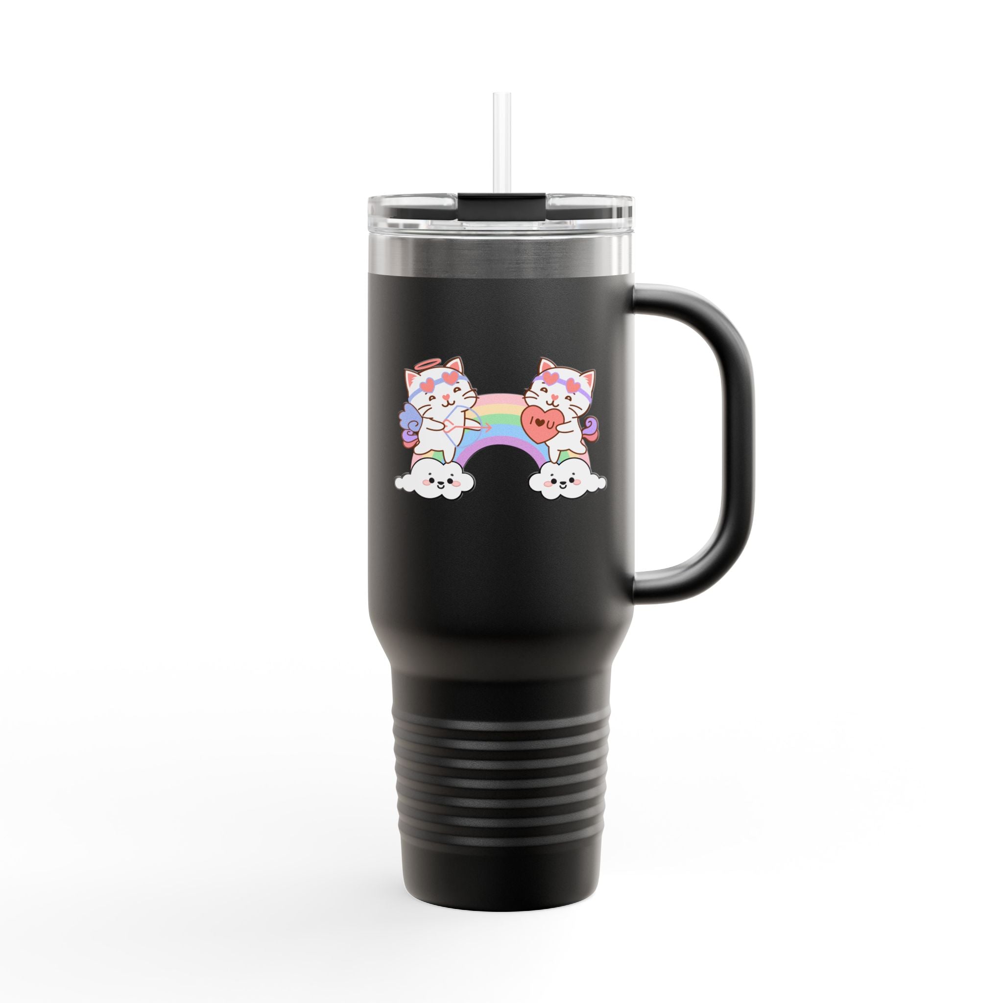 Cupido Cat Rainbow Heart Love Insulated Travel Mug, 40oz - Cute Kitty Space Cup, Valentine's Gift, Coffee Tea Tumbler, Cat Lover Present