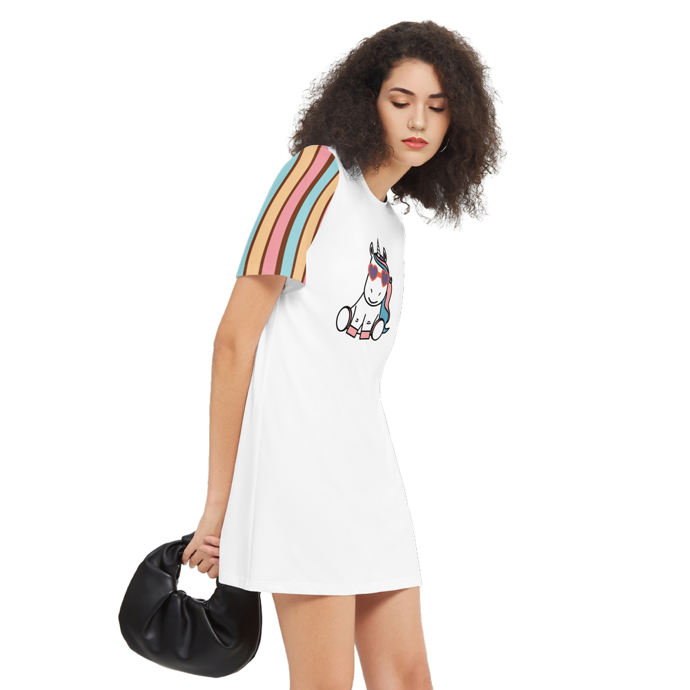 Kawaii Unicorn White Women's Short-Sleeve T-Shirt Dress-Heavyweight 225g