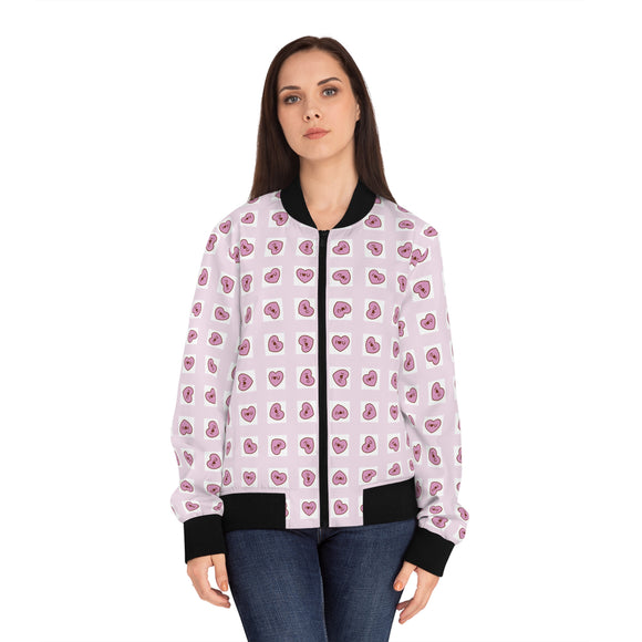 Rosa Grid Women's Bomber Jacket, I Love You Hearts, Valentine's Day Outerwear, Romantic Clothing, Pink Grid Jacket, Gift for Her