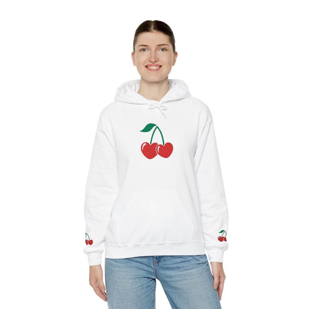 Cherry Heart Embroidered Hoodie — Heart Cherry Graphic Hooded Sweatshirt