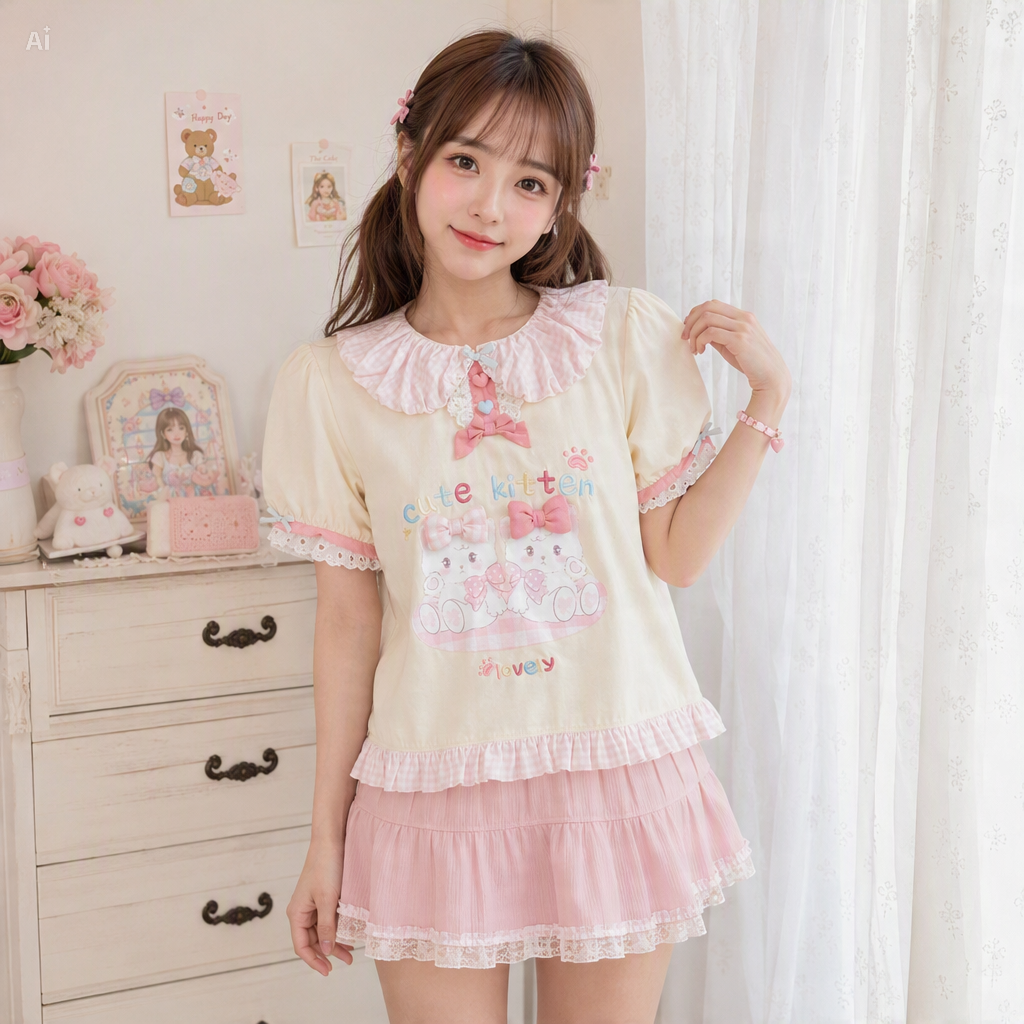 Pink Harajuku Ruffle Top | Cute Bear Lace Tee