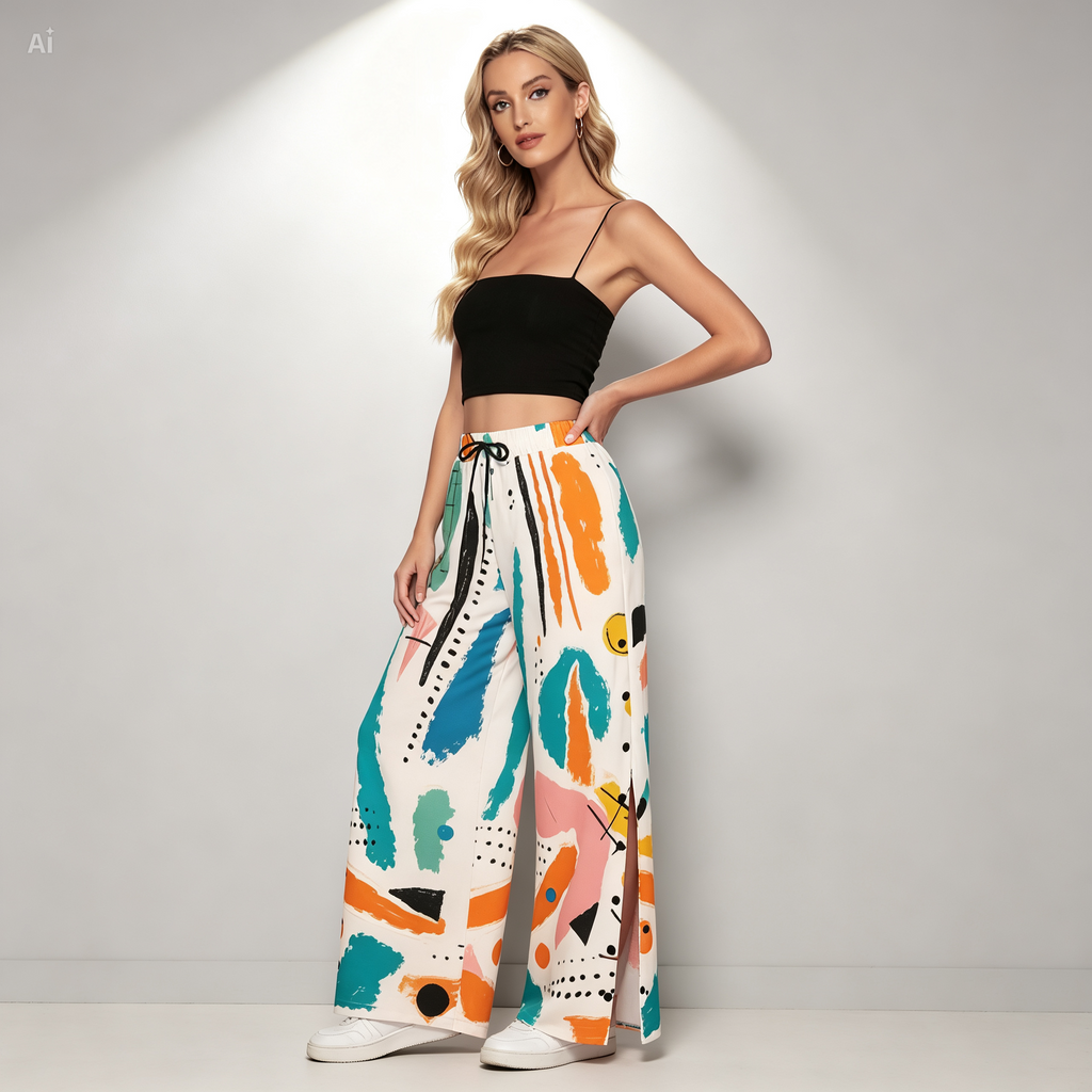 Abstract Side Slit Palazzo Pants – Colorful Wide Leg Snap Button Trousers