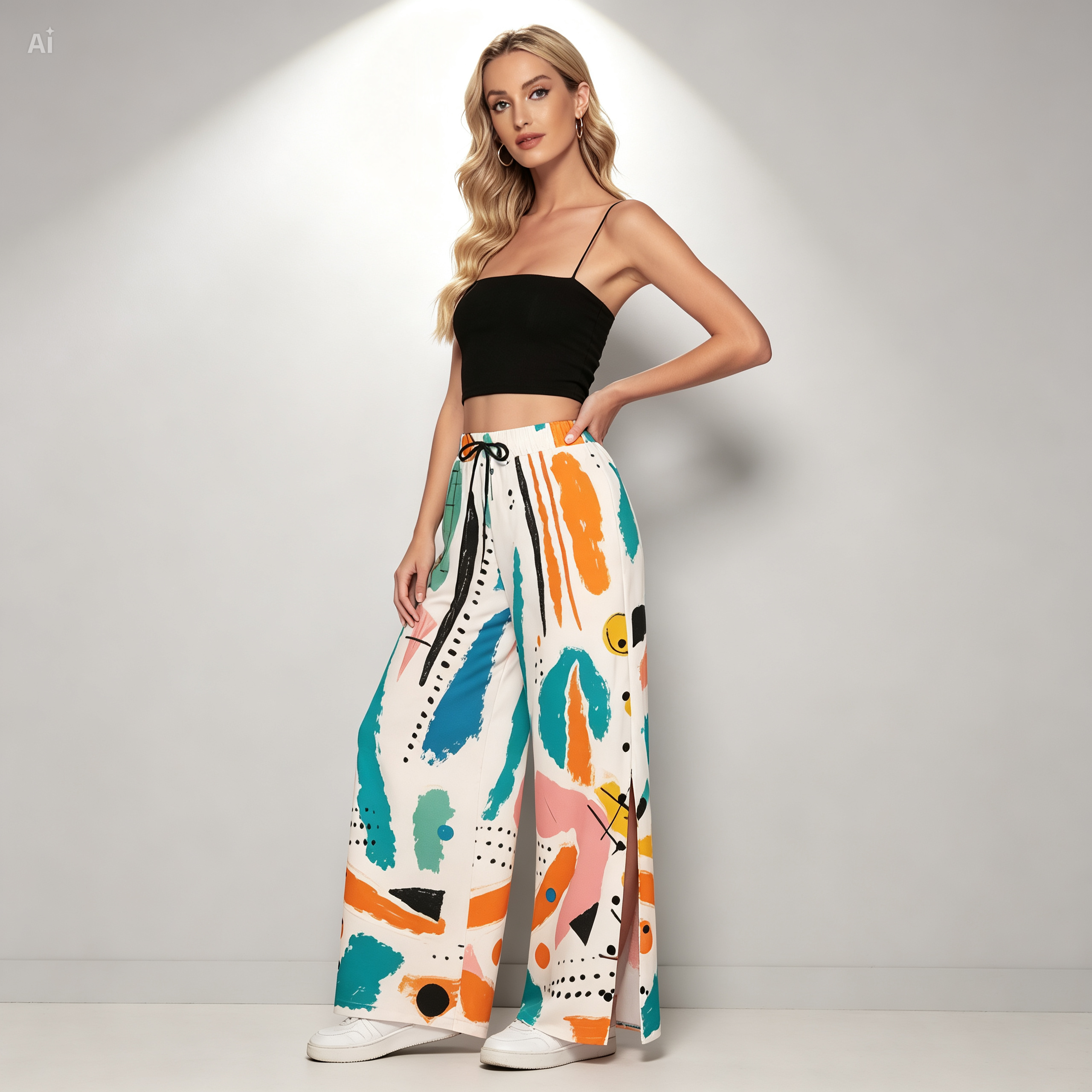 Abstract Side Slit Palazzo Pants – Colorful Wide Leg Snap Button Trousers