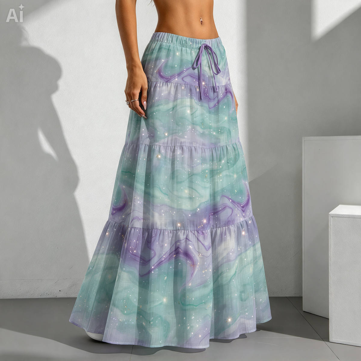 Pastel Galaxy Tiered Maxi Skirt