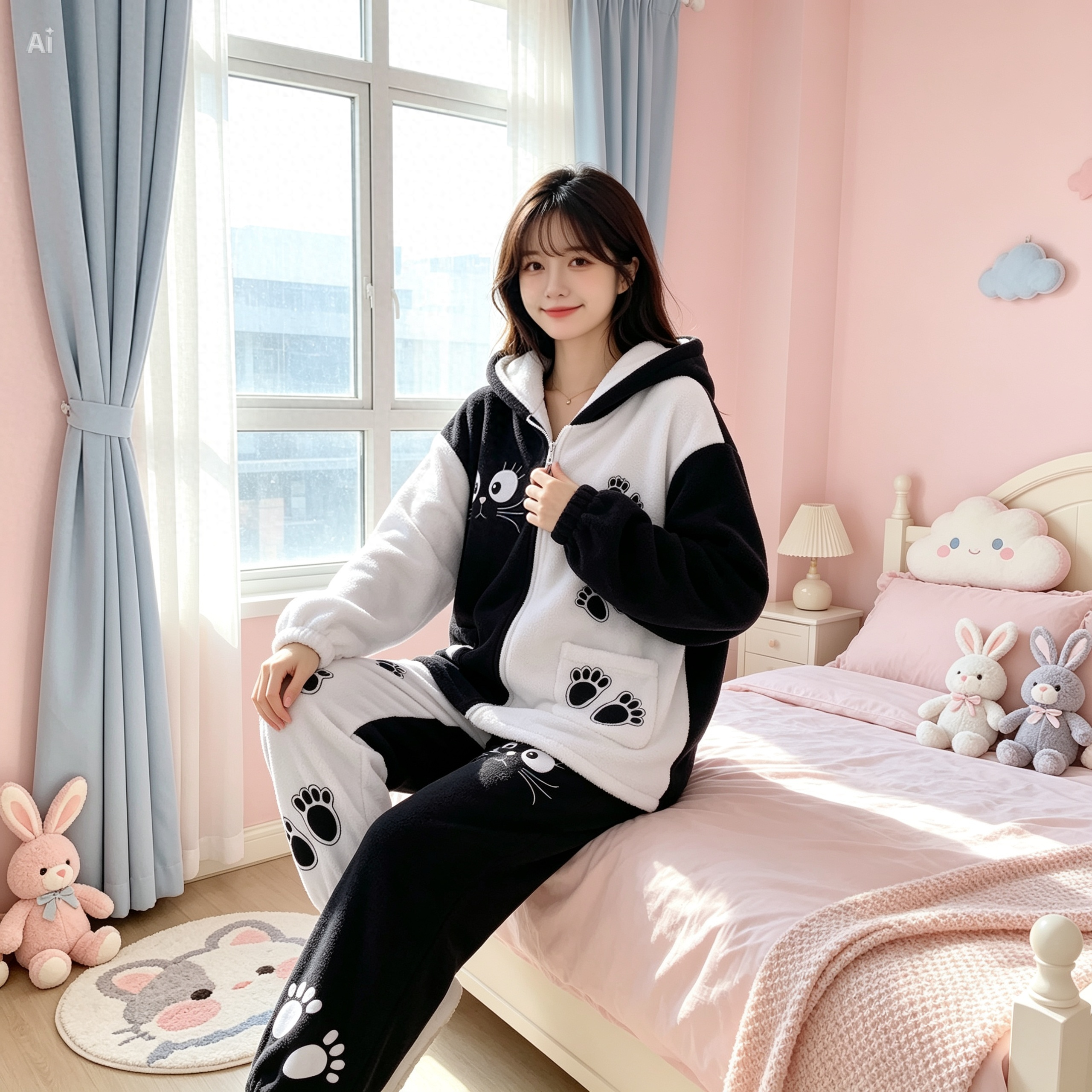 Kawaii Cat Bunny Ear Hoodie – Black and White Fleece Zip Up Jacket