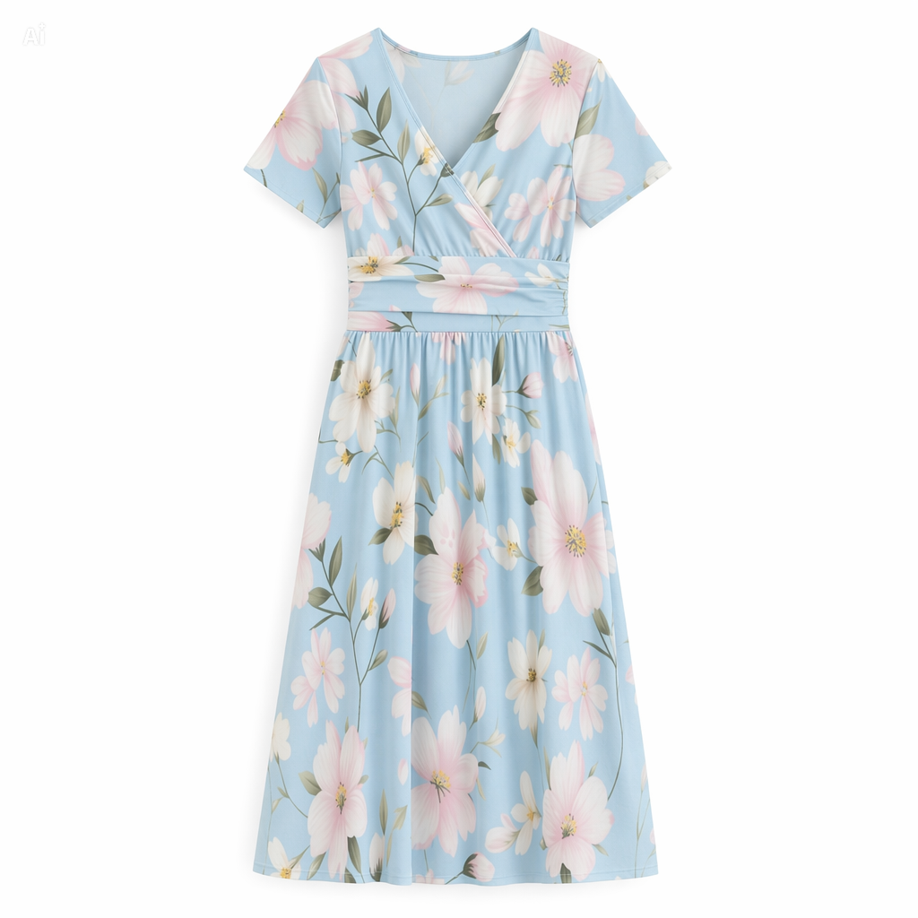 Pastel Blue Floral V-Neck Midi Dress