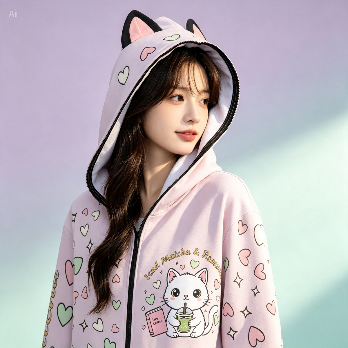 Matcha Reading Cat Ear Zip-Up Hoodie