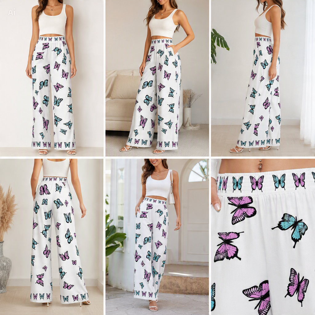 Pastel Butterfly Wide-Leg Palazzo Pants | 100% Rayon