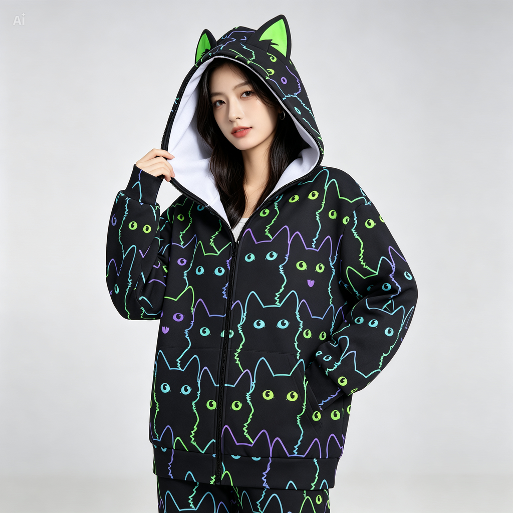 Neon Cat Print Zip-Up Hoodie with Cat Ears - Black Unisex Scuba Hooded Jacket