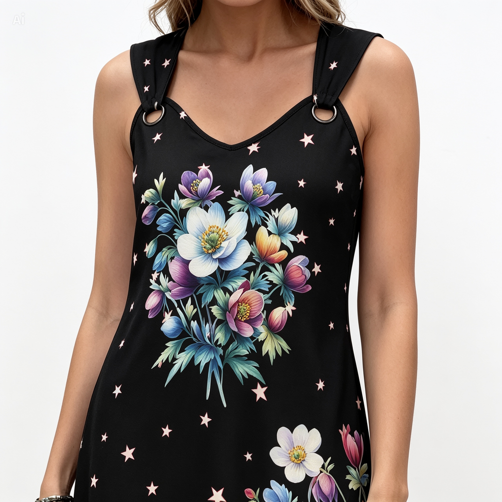 Floral Sleeveless Boho Dress – Black Flower Print Summer Dress