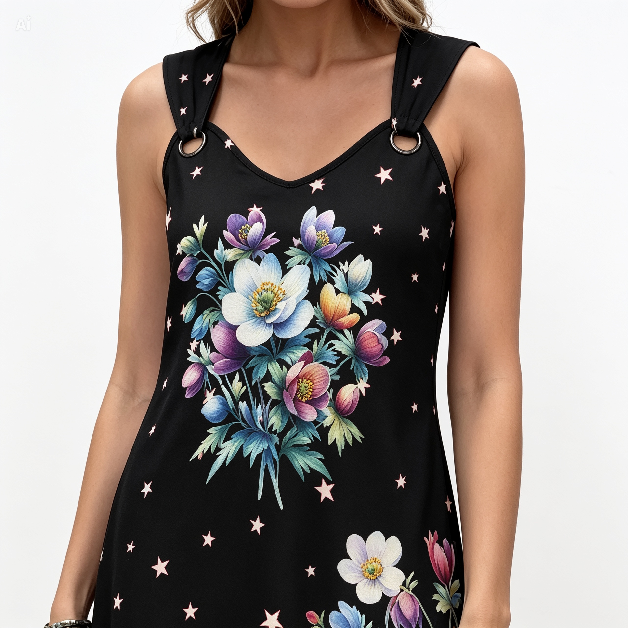 Floral Sleeveless Boho Dress – Black Flower Print Summer Dress