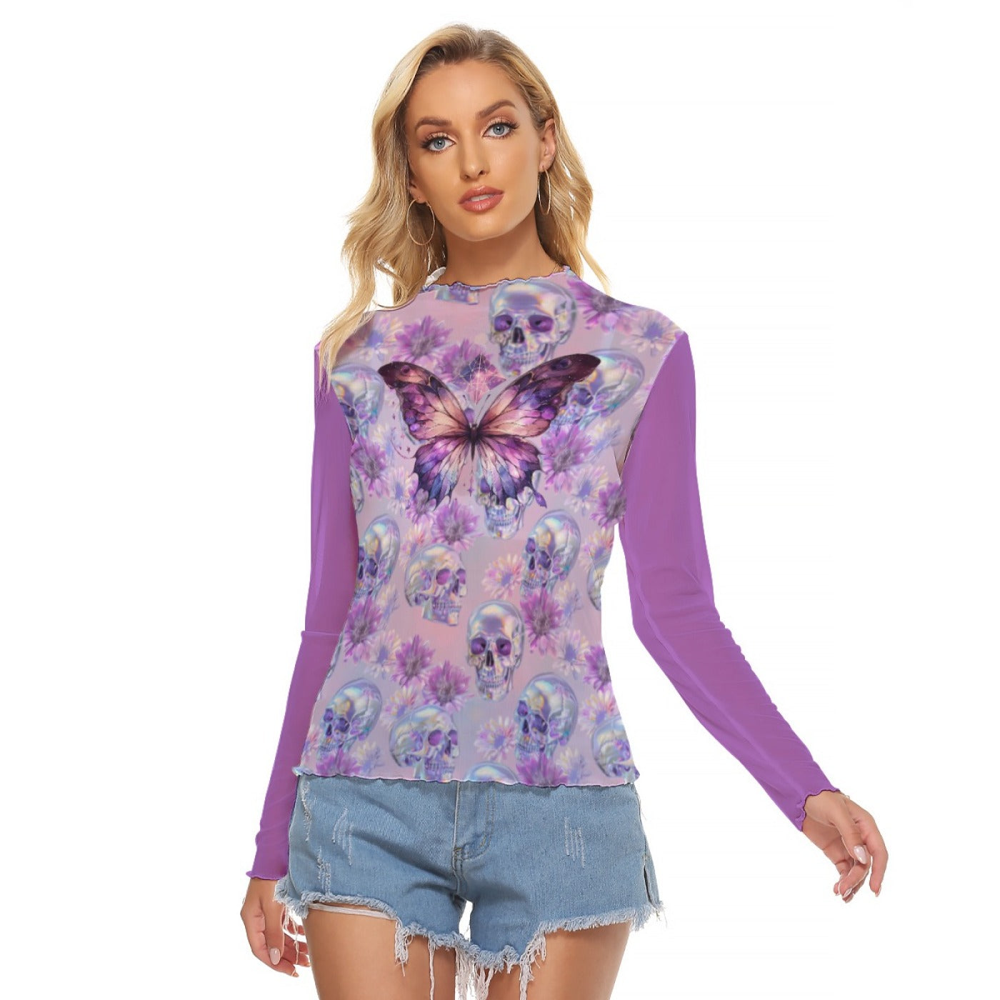 Purple Butterfly Skull Mesh Top – Gothic Fairycore Long Sleeve Shirt