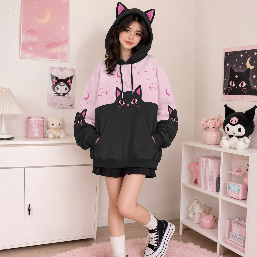 Pastel Pink Black Cat Ear Hoodie