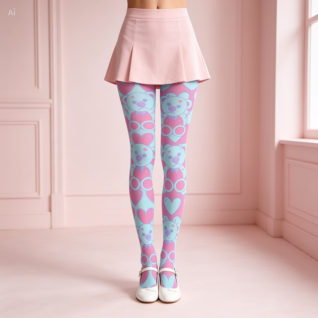 Pastel bear heart tights with cute kawaii print, soft stretch legwear for skirts and dresses