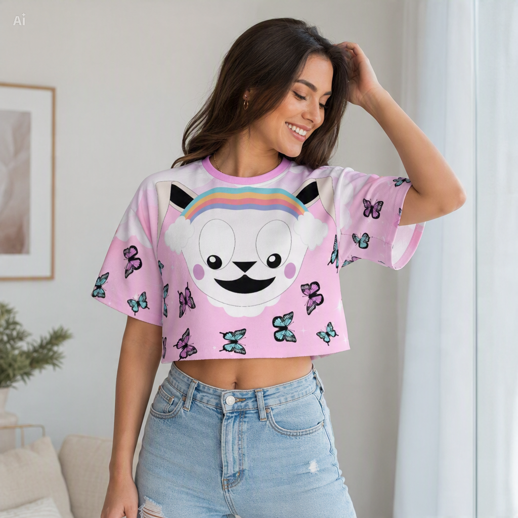 Pastel Rainbow Bunny Butterfly Crop Top | 190GSM Cotton