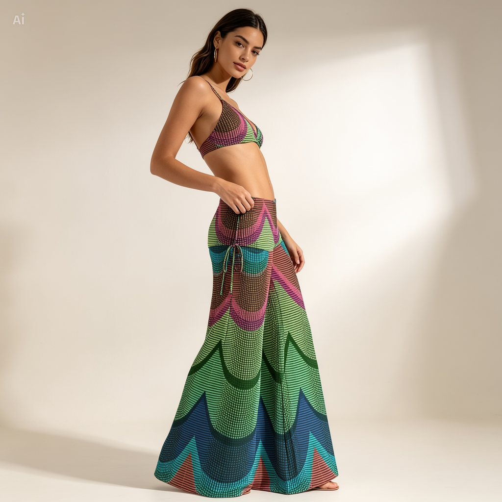 Rainbow Wave Wide Leg Pants – Boho Fold Over Palazzo Pants