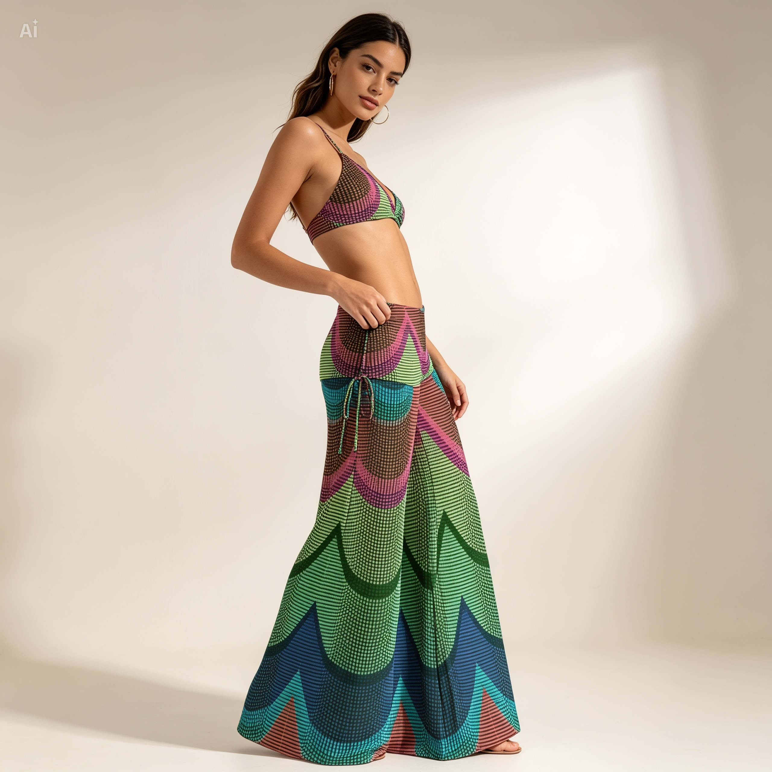 Rainbow Wave Wide Leg Pants – Boho Fold Over Palazzo Pants