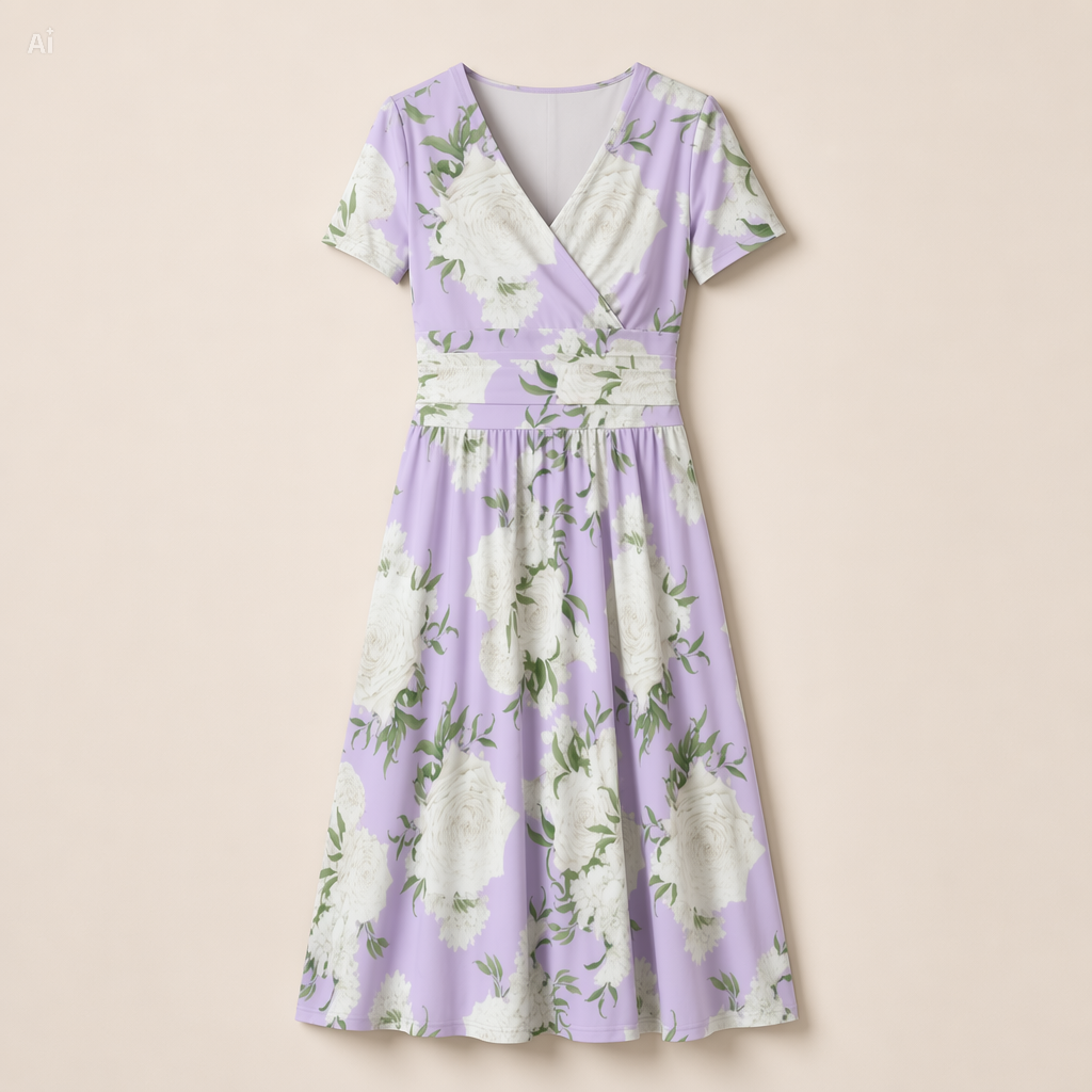 Lavender Floral V-Neck Midi Dress