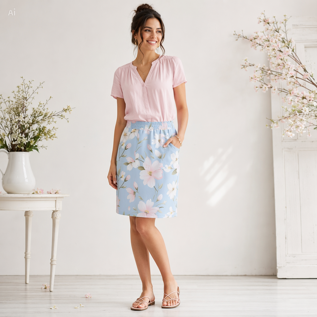 Pastel Blue Floral Pencil Skirt with Pockets