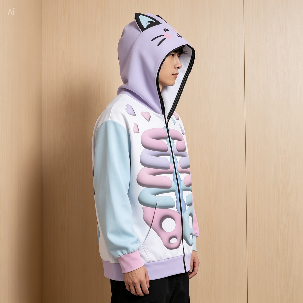 Kawaii Heaven Unisex Zip Up Hoodie with Cat Ears Pastel Skeleton Print