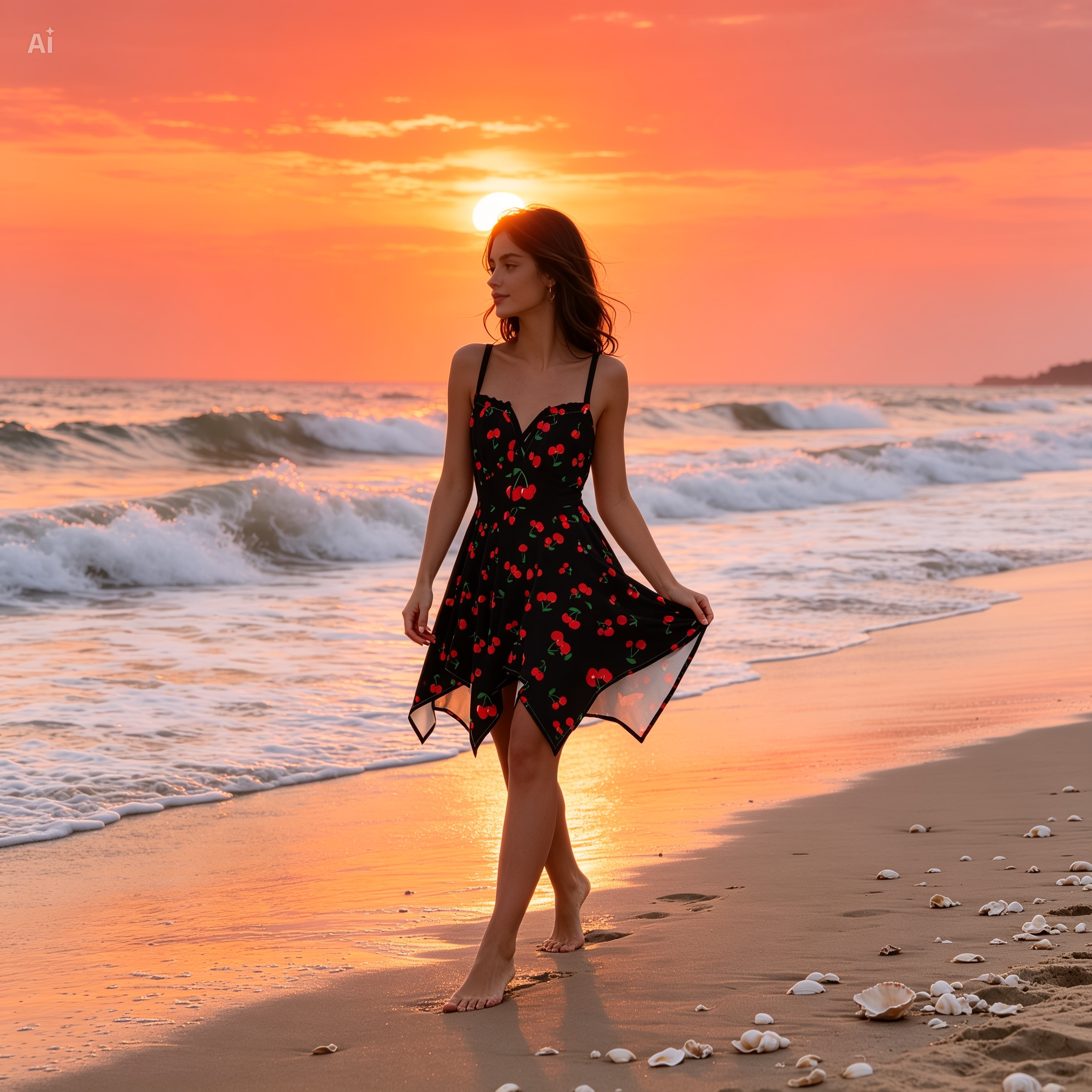 Cherry Handkerchief Dress – Cute Cherry Print Summer Beach Dress