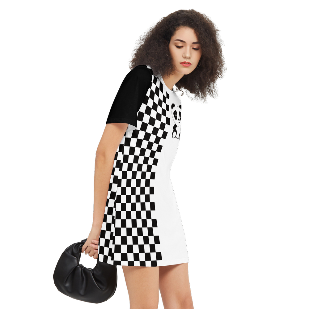 Chessboard Kawaii Panda Women's Short-Sleeve T-Shirt Dress-Heavyweight 225g