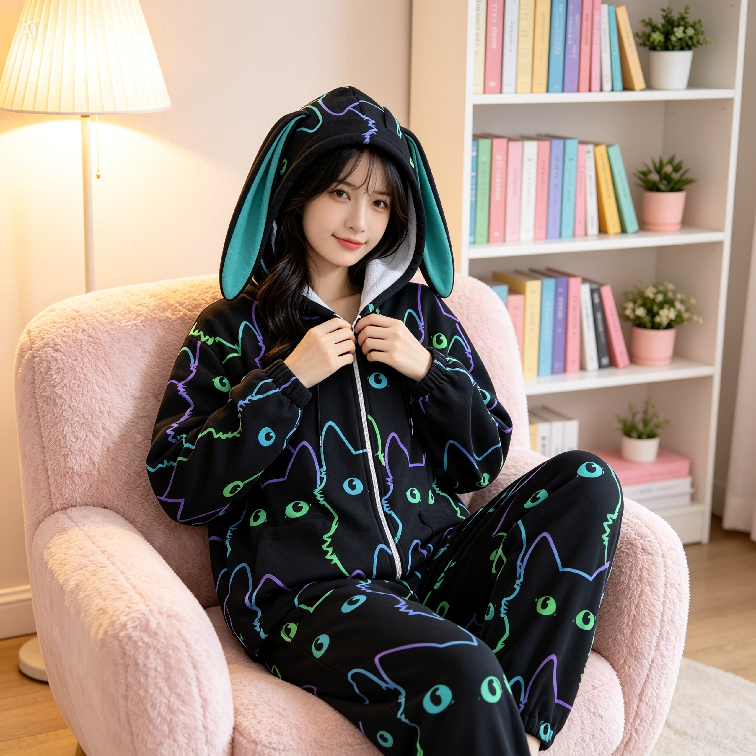 Neon Cat Bunny Ear Hoodie – Cute Black Fleece Zip Up Jacket