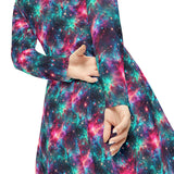 Neon Space Dance Dress, Rave Party Costume, Galaxy Print Long Sleeve Dress, Women's Festival Clothing, Alien Theme Dancewear